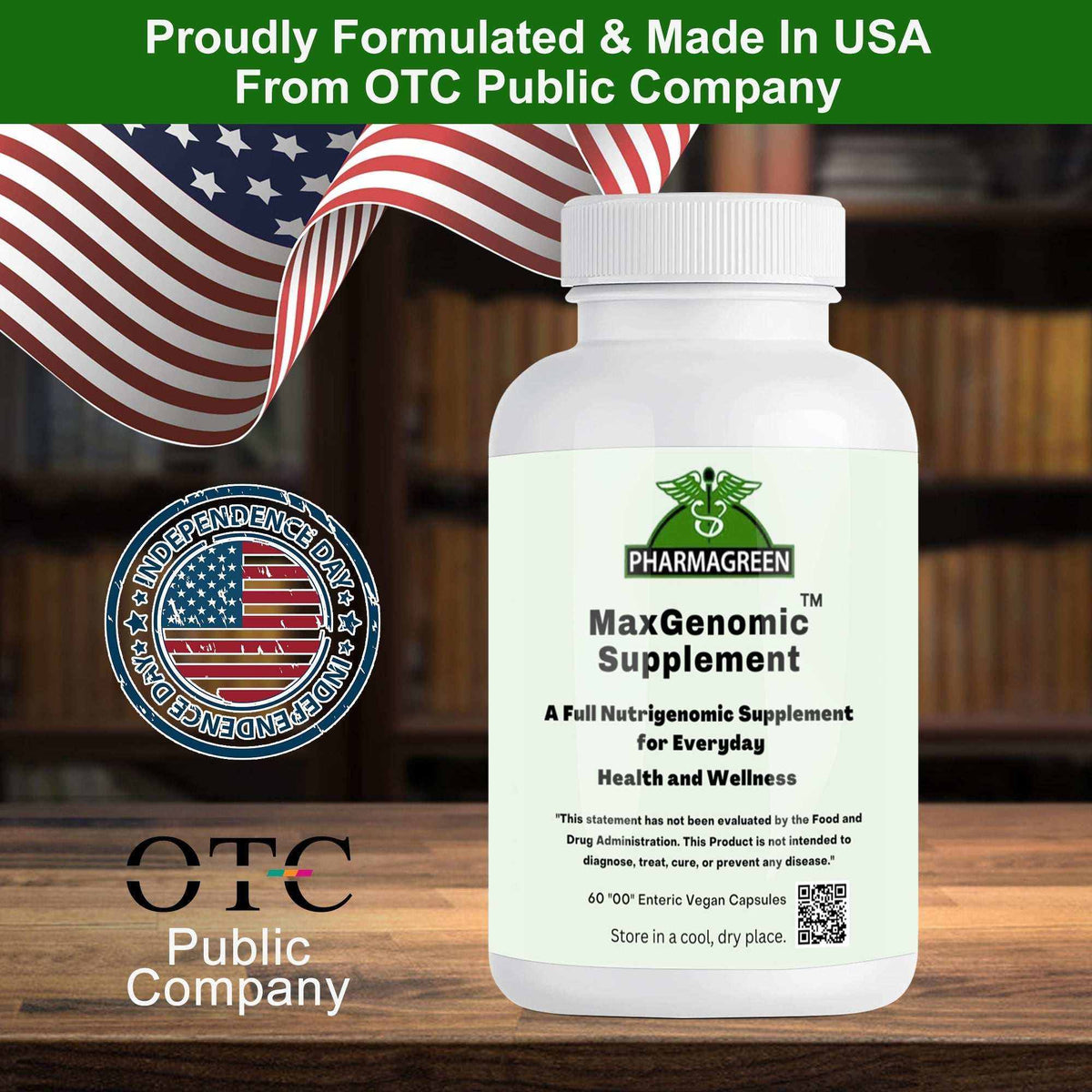 Supplement bottle with a white label and green accents, featuring MaxGenomic branding and 15 All-Natural Ingredients