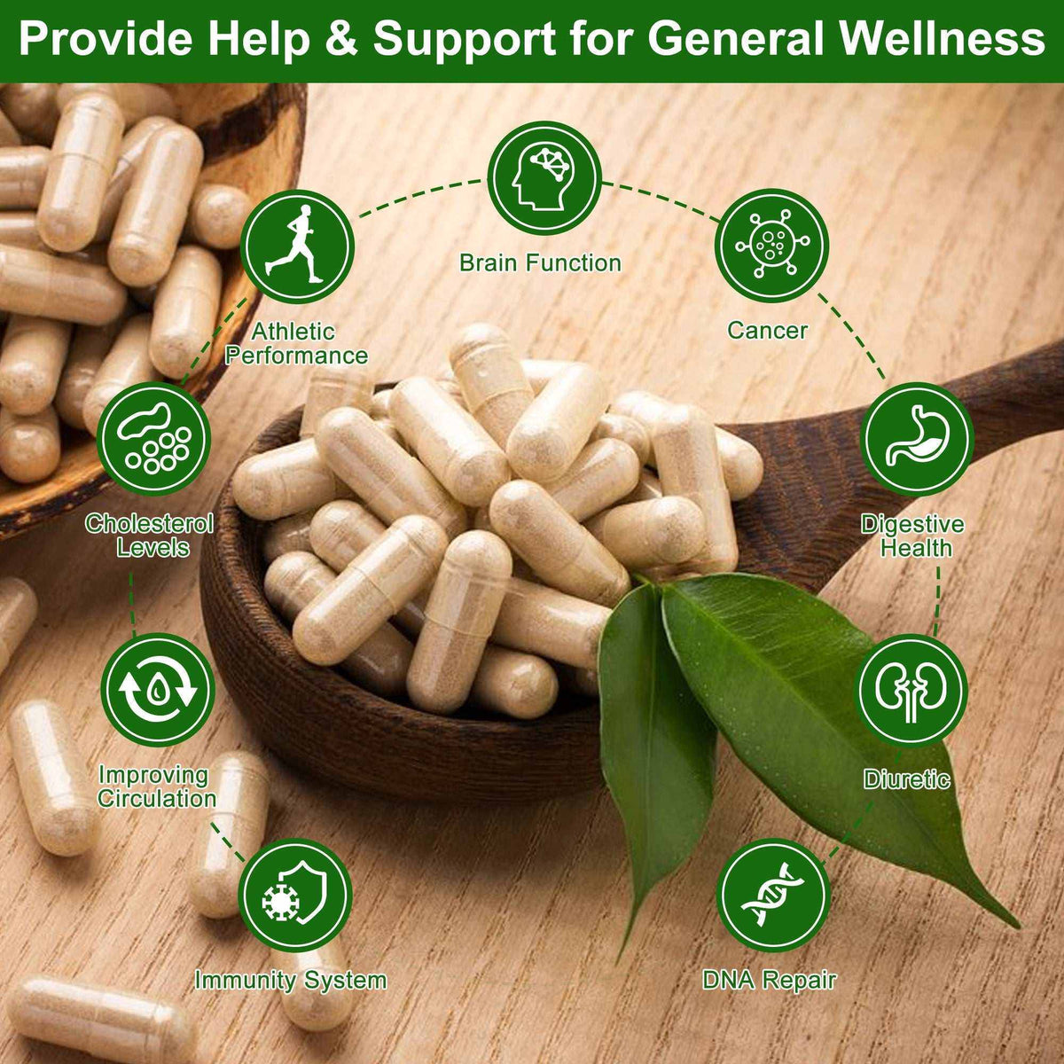 15 All-Natural Ingredients supplement shown as beige capsules in a wooden bowl, with green leaves and wellness icons