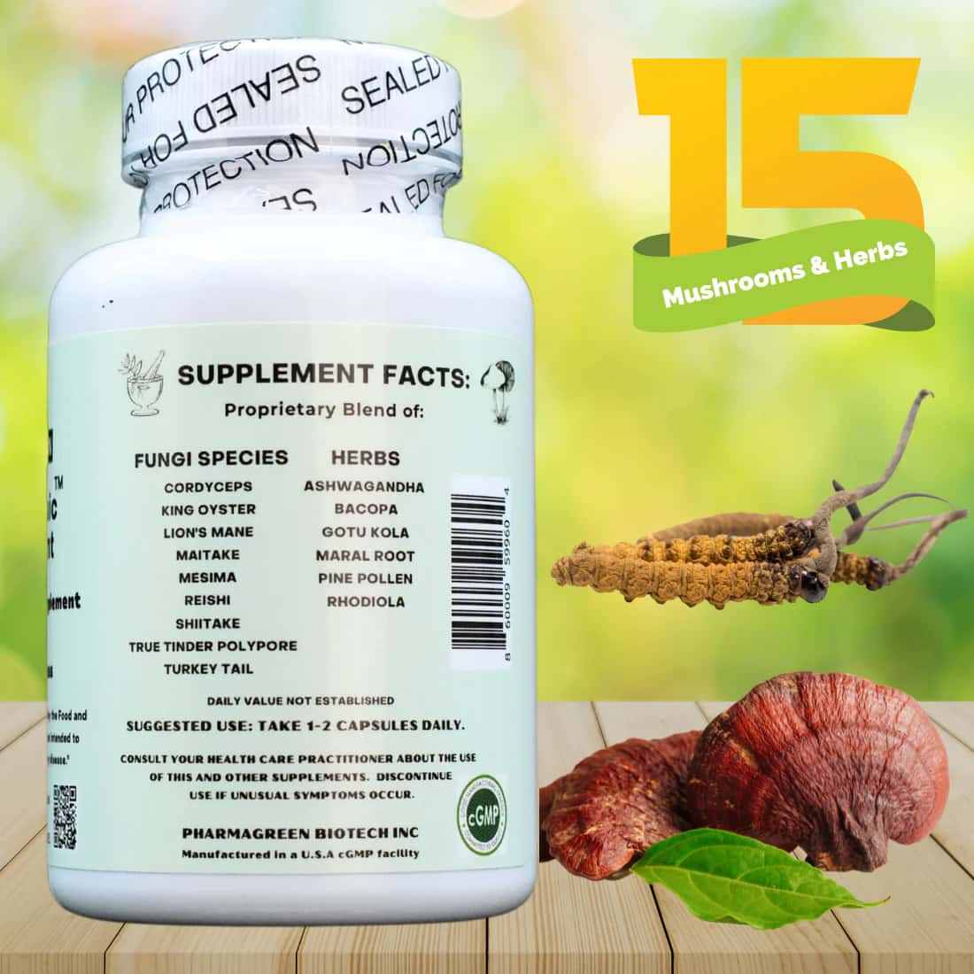 Supplement bottle showing 15 All-Natural Ingredients, with a white label listing mushrooms and herbs and a sealed cap