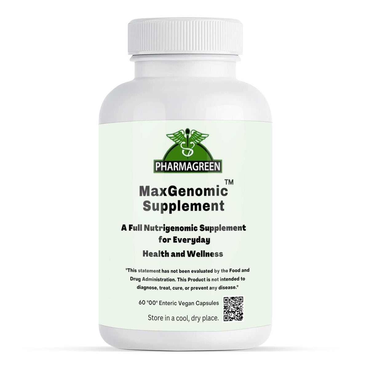 Supplement bottle with a white container and pale green MaxGenomic label, featuring 15 All-Natural Ingredients