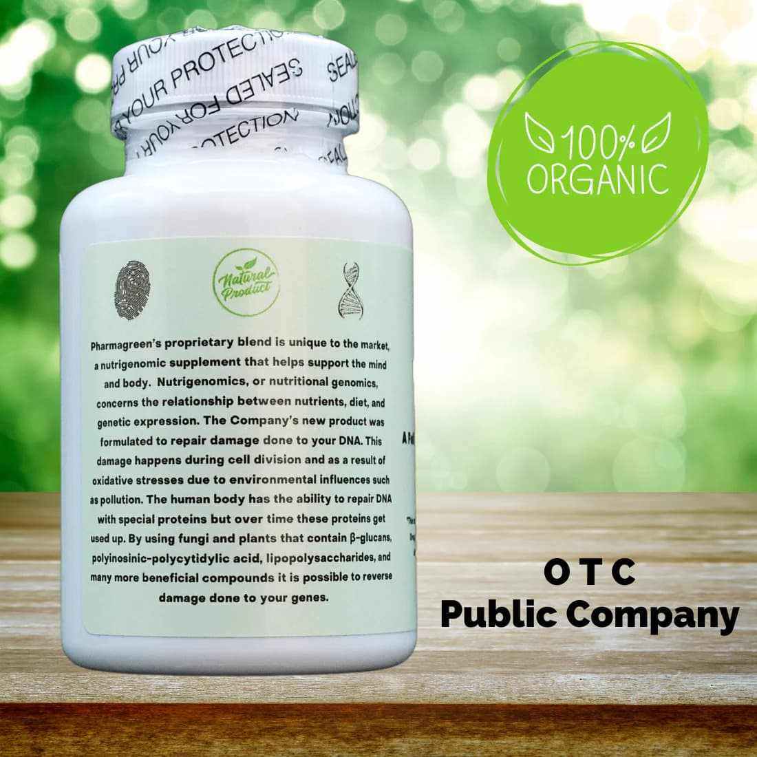 15 All-Natural Ingredients supplement in a white bottle with a silver safety seal and green label, marked 100% organic