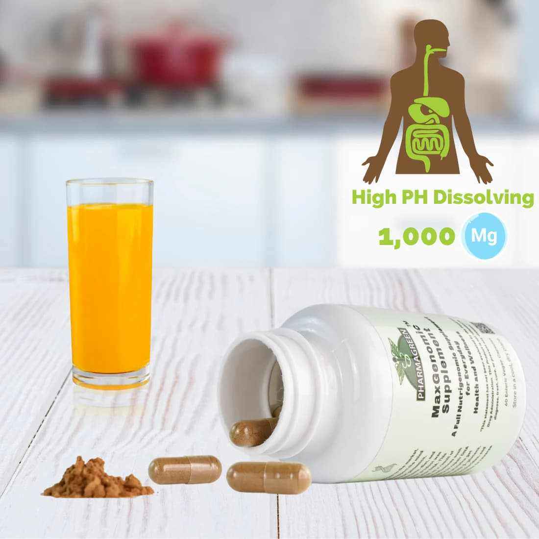 15 All-Natural Ingredients supplement in a white bottle with brown capsules, shown with an orange drink and high-pH dissolving graphic